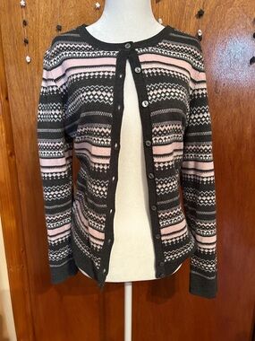 Women's Pink and Charcoal Patterned Button-Front Sweater